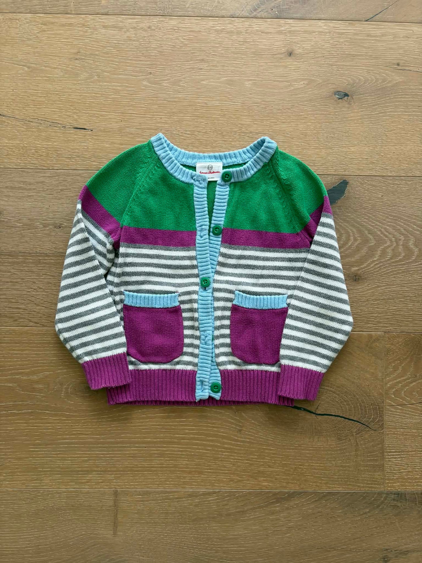 #196 Hanna Andersson Girls Size 5 110 Purple Green Gray White Striped Cardigan with Pockets