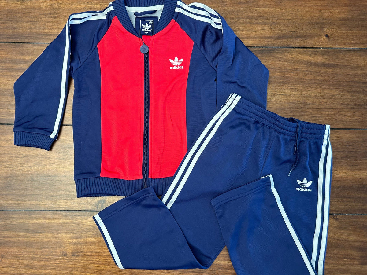 #197 Adidas Boys Size 3T Navy & Red Track Jacket & Pants Set