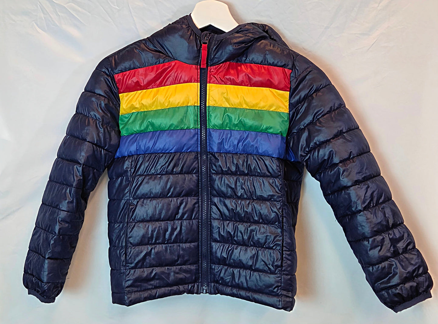 #112 - Primary Striped Puffer Coat, Size 8-9, EUC