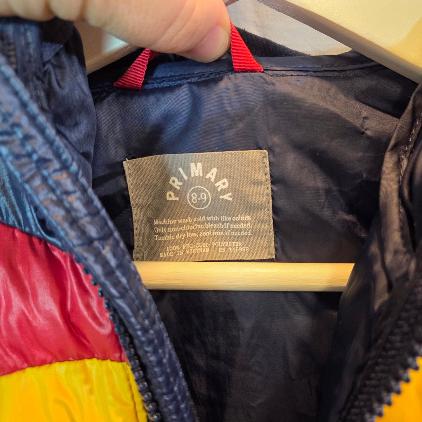 #112 - Primary Striped Puffer Coat, Size 8-9, EUC