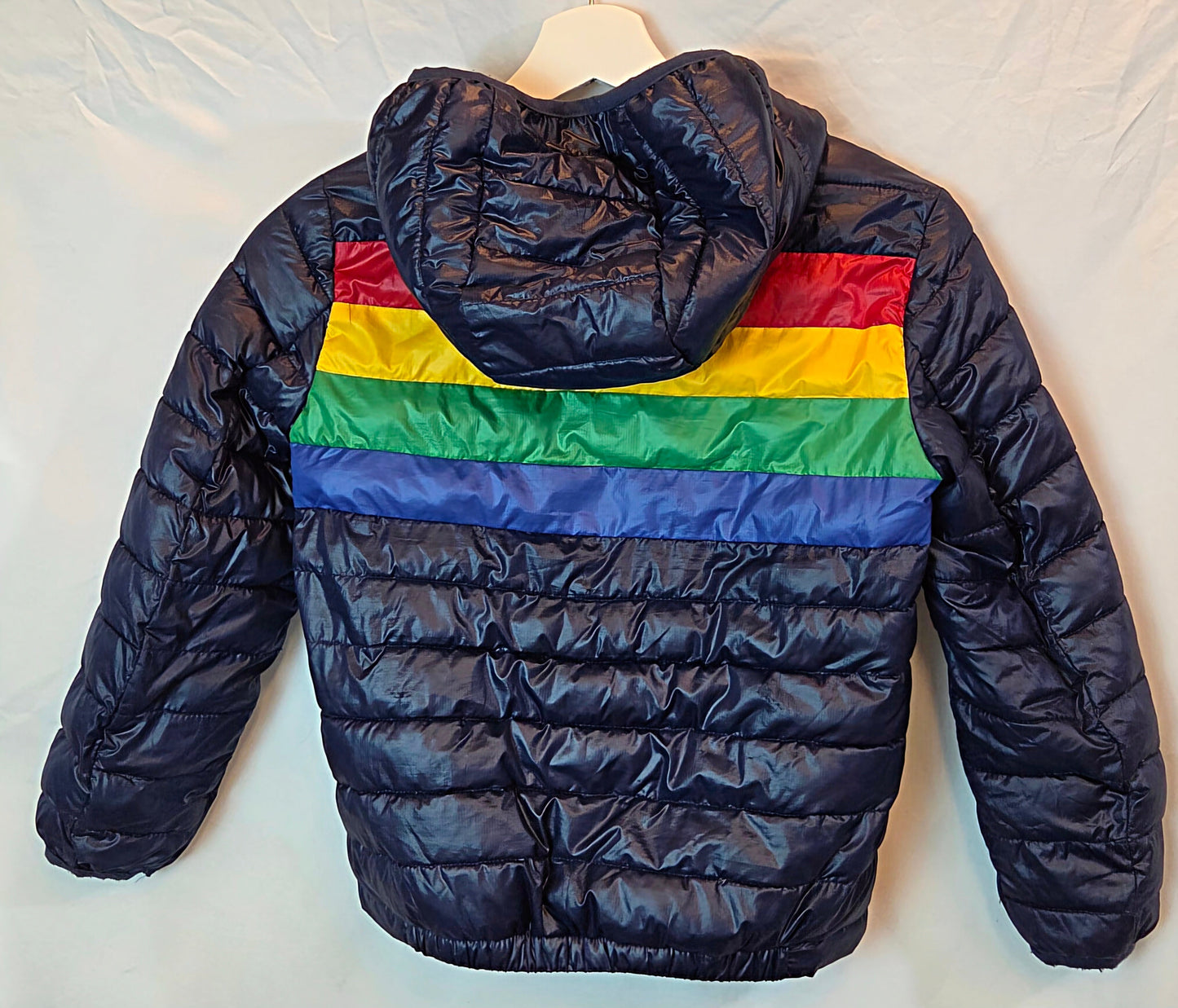 #112 - Primary Striped Puffer Coat, Size 8-9, EUC