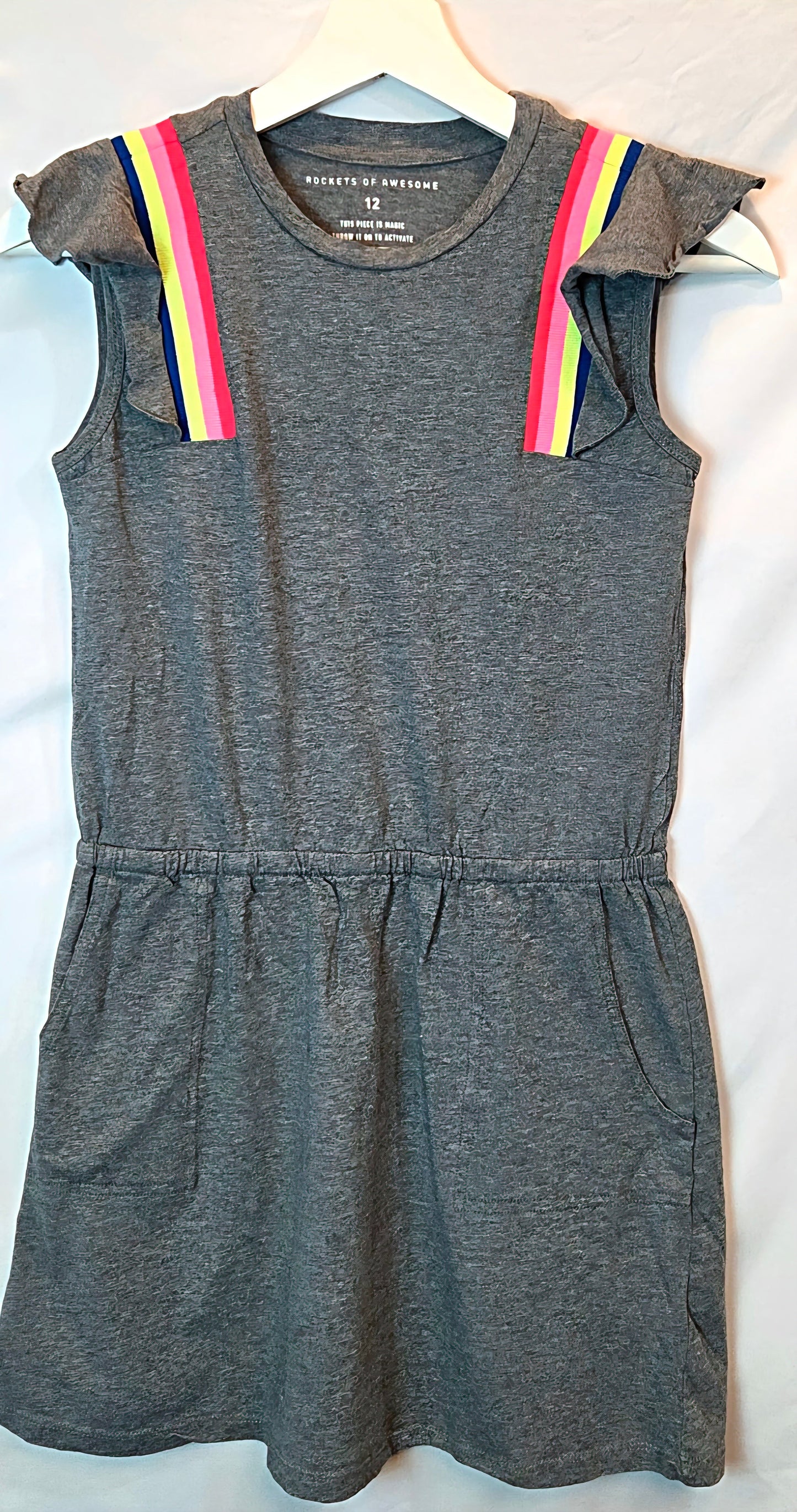 #112 - Rockets of Awesome Gray Dress with Rainbow Details, Size 12, EUC