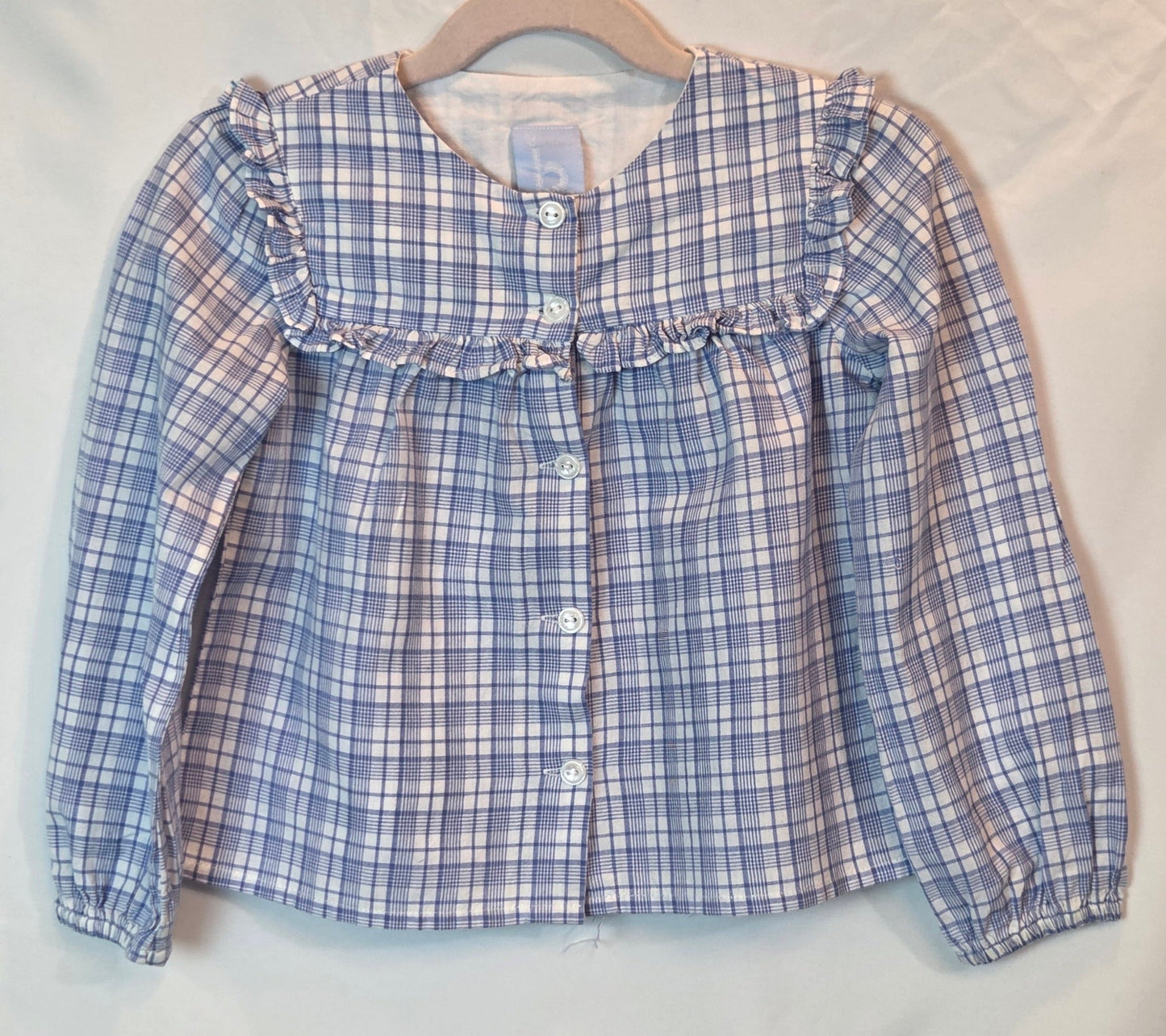 #112 - Bella Bliss White and Blue Plaid Blouse, Girls Size 4, EUC