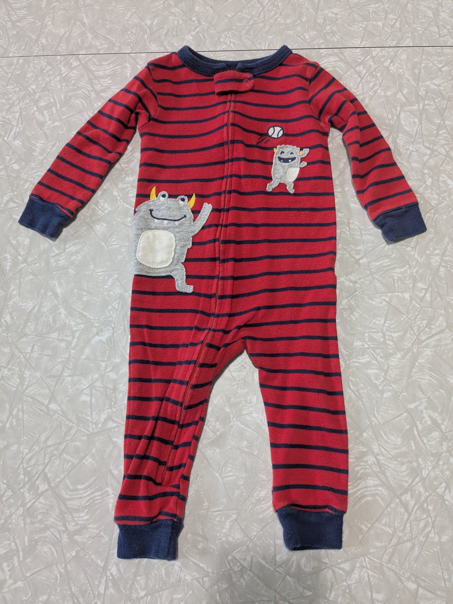 #61 Carter's 12mo Red Stripe Monster Baseball One Piece Pajama