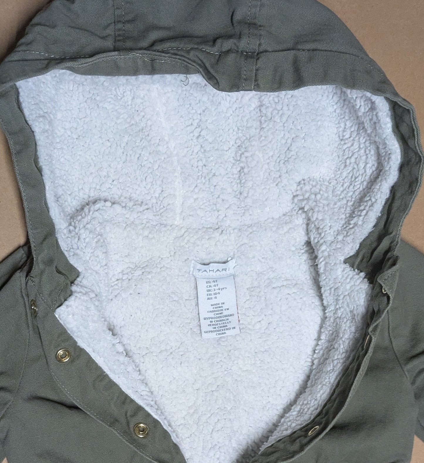 #219 Olive Green Sherpa Lined Jacket, Tahari brand, Kids (Gender Neutral), Size 4T