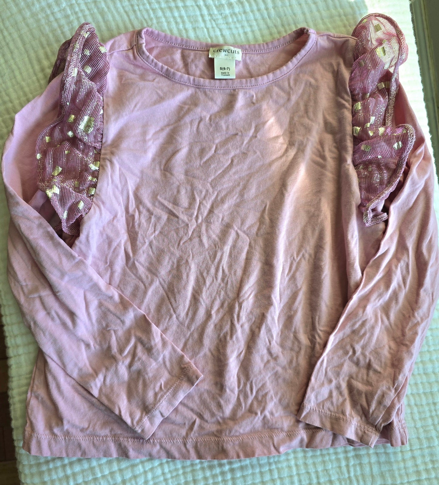 #131 REDUCED Crew Cuts Girls pink long sleeve shirt with tulle gold dot accent sz 6-7