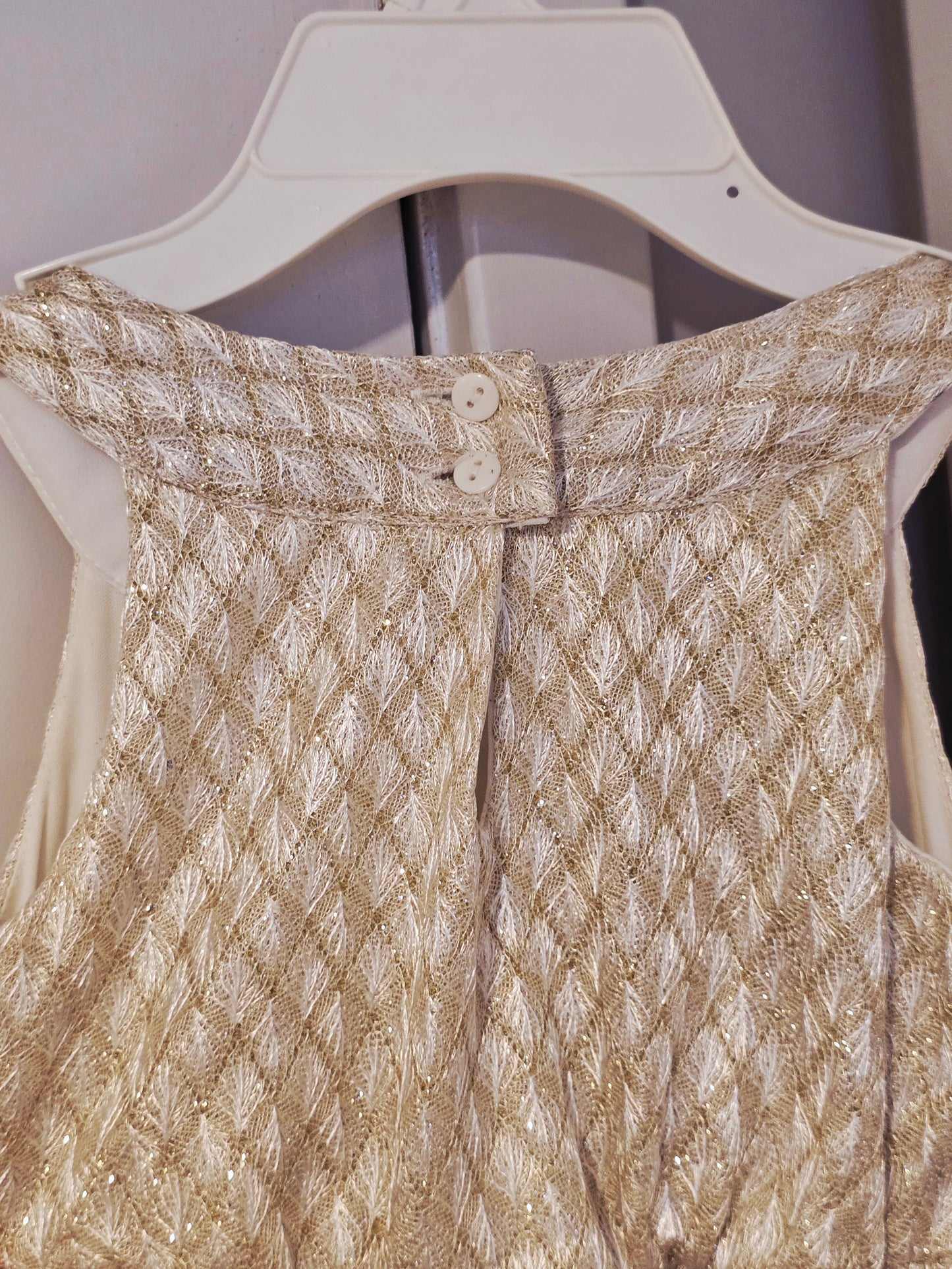 #131 Tahari Girl Gold & Cream dress with faux fur shrug sz 5
