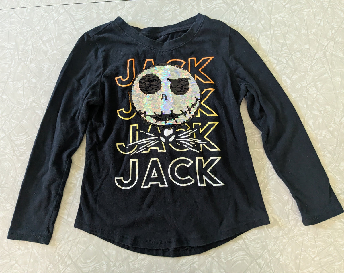 #61 Girls 5 Jack Skellington Long Sleeve Black Sequin Halloween Shirt