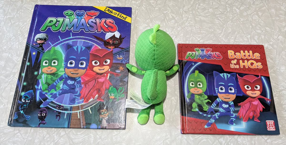 #61 PJ Masks Gekko Plush + 2 Hardcovers - Look & Find and Battle of HQ