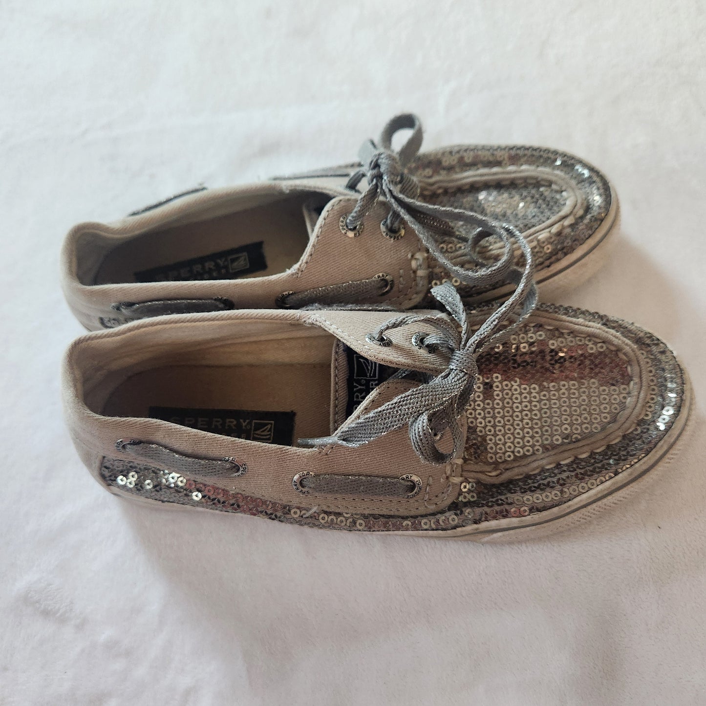 #142 Sperry Topsider Size 1 Bahama Pewter Silver Sequin Boat Shoes