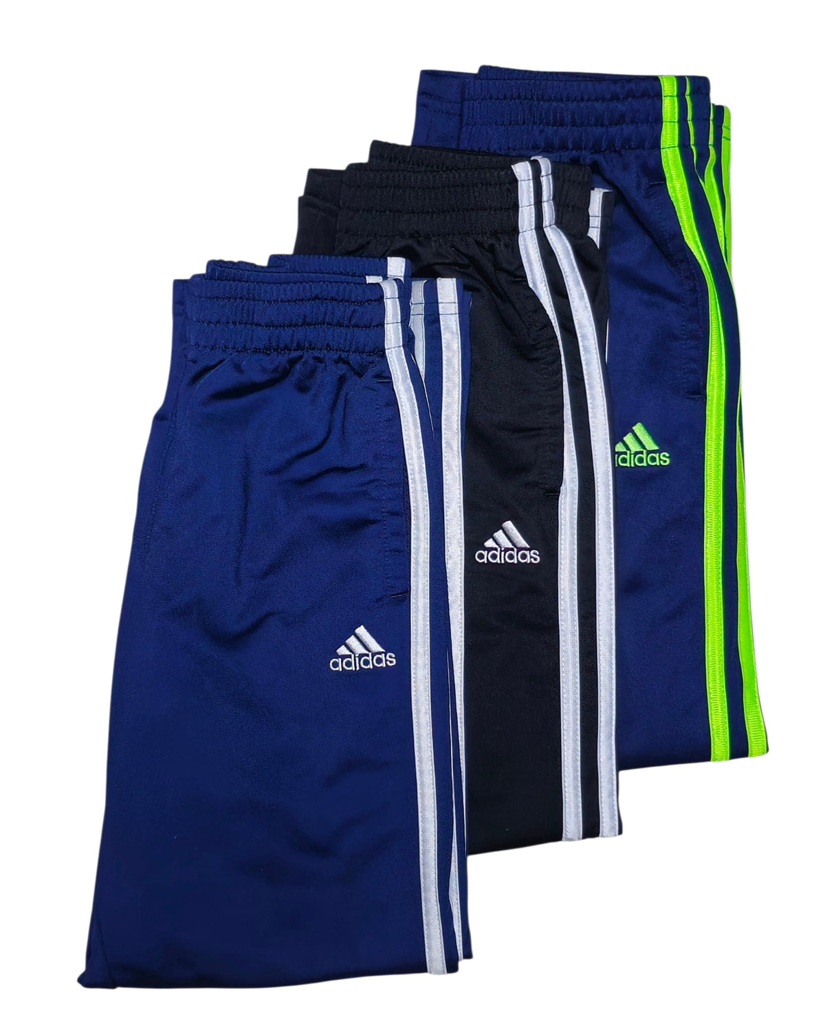 #89 Boys 7x (tall) Adidas | *BUNDLE* 3 pair of 3-stripe pants - navy/green, navy/white & black/white VGUC
