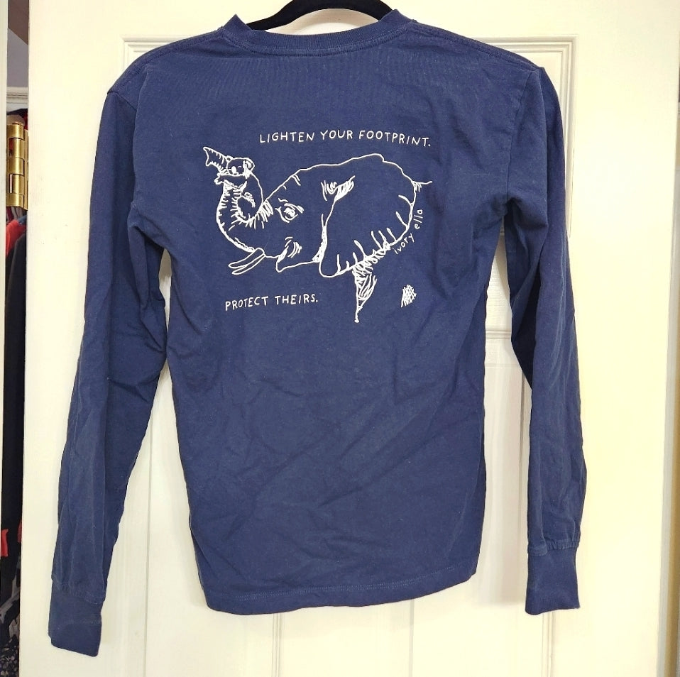 #142 Ivory Ella XS Long Sleeve Navy Logo Elephant Tee