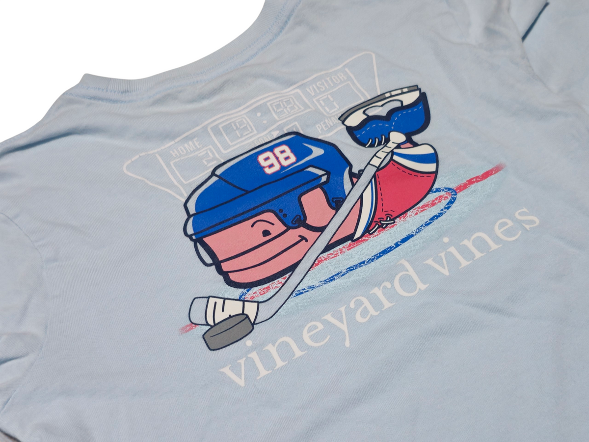 #89 Boys 7 (fits like a 6) Vineyard Vines | Hockey Whale long sleeve shirt - light blue VGUC