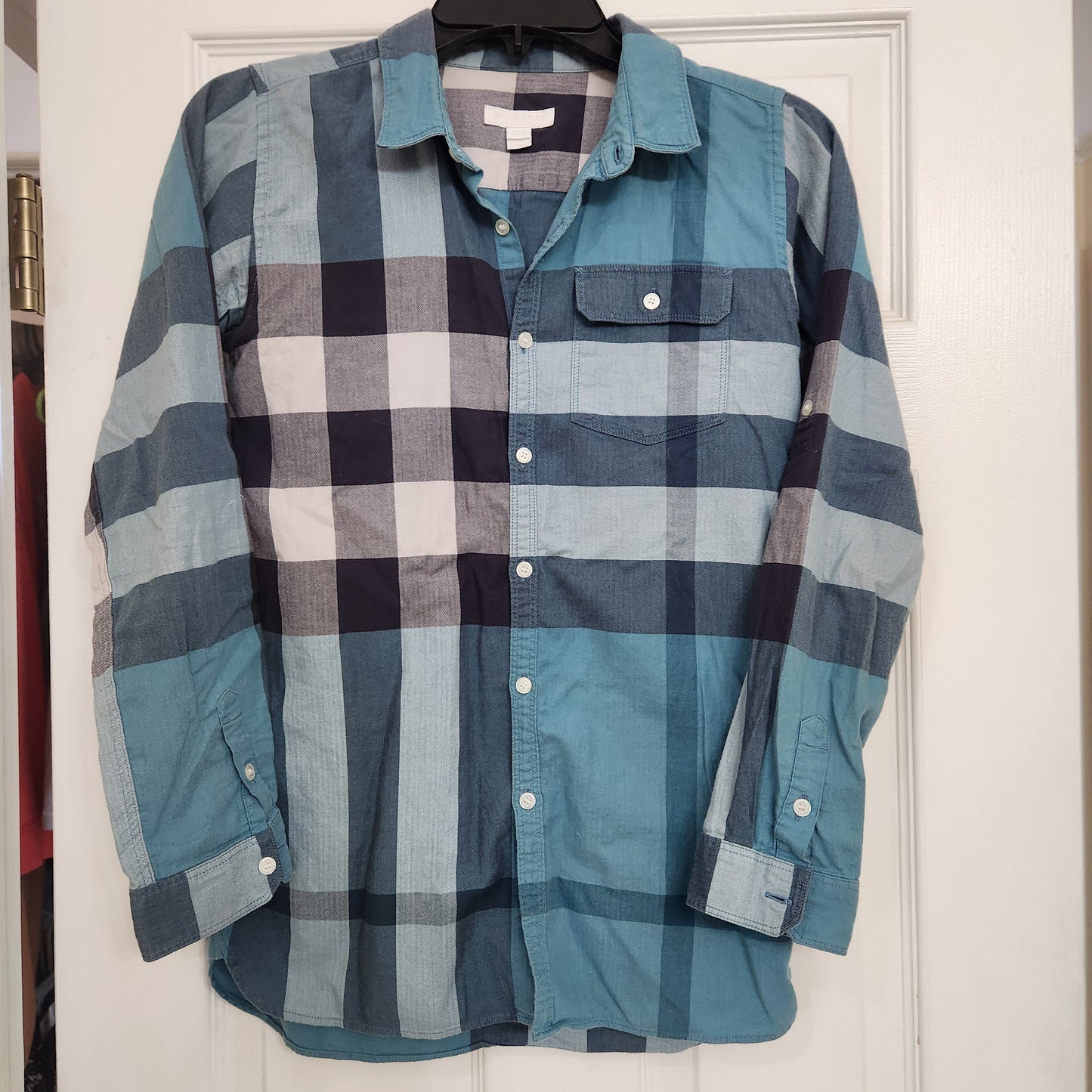 #78 Burberry Children 14Y Blue Exploded Check Button Down Shirt