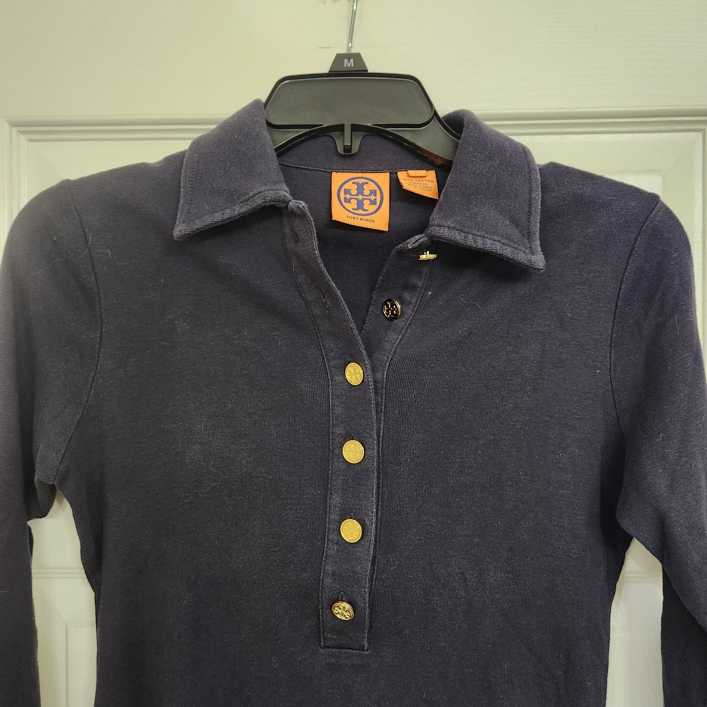 #142 Tory Burch XS 3/4 Length Sleeve Navy Polo Top