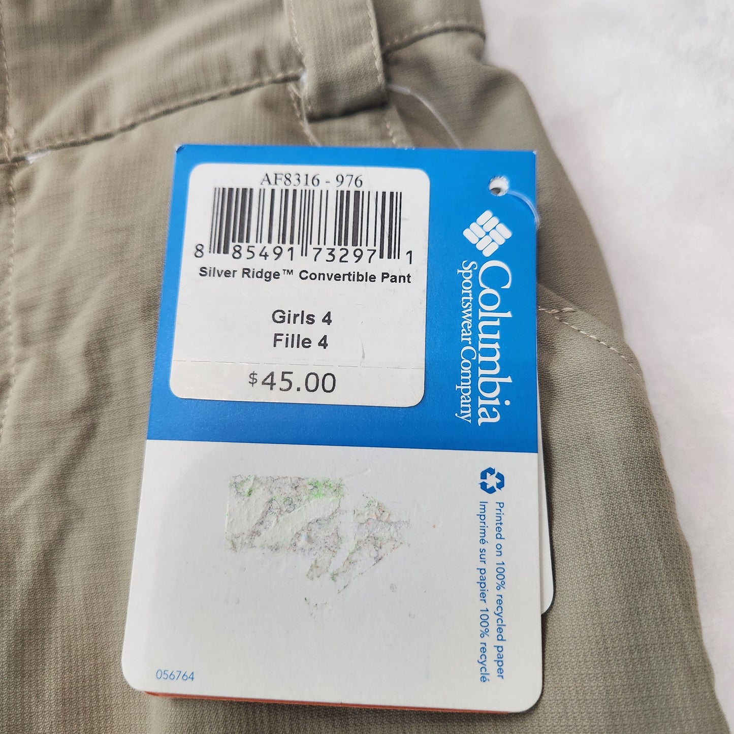 #142 NWT Columbia Girls 4T Silver Ridge Convertible Pants