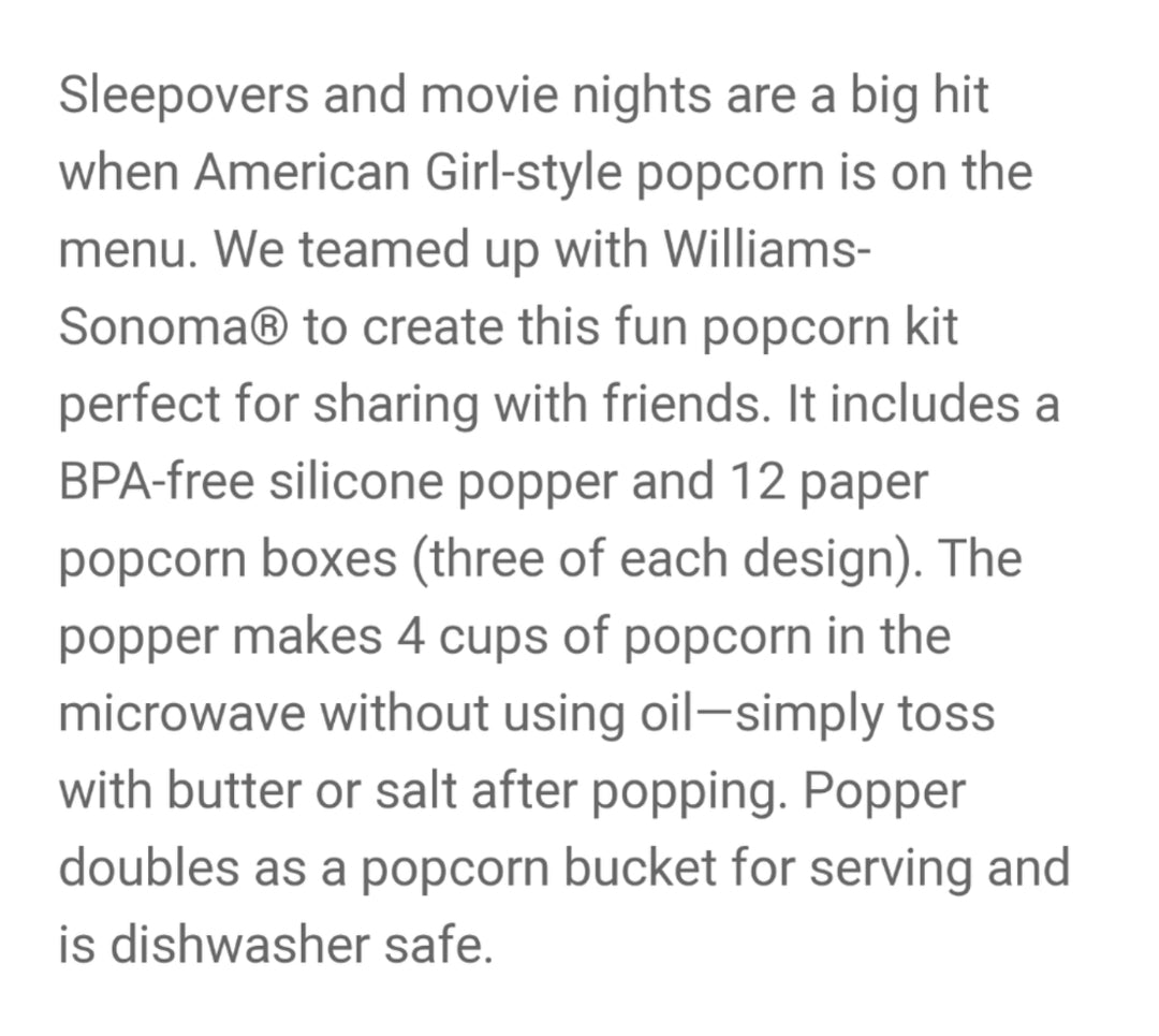 REDUCED #142 American Girl Williams Sonoma Popcorn Popper Set