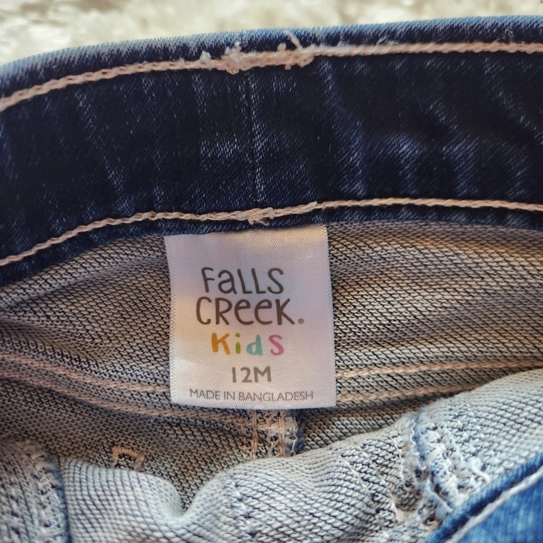 #142 Falls Creek Girls 12 Mth Pull On Embroidered Flowers Denim Jeans