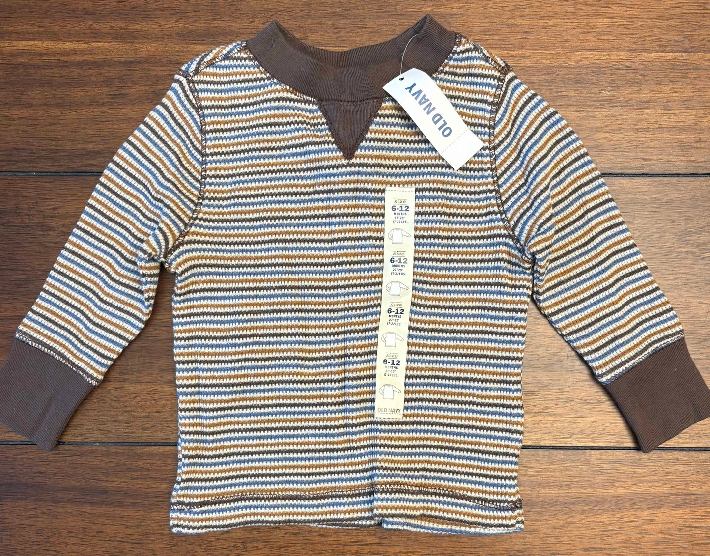 Seller #210 Old Navy Boys Size 6-12M Brown White & Blue Striped Thermal NWT