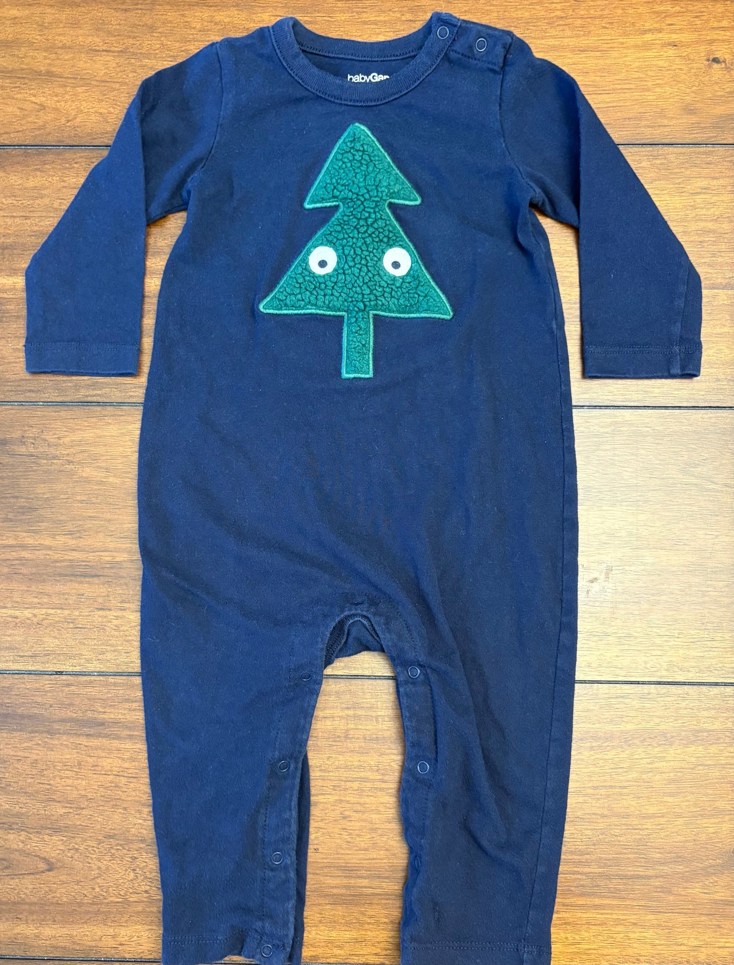 Seller #210 Baby Gap Boys Size 12-18M Navy One Piece Romper with 3-D Fleece Christmas Tree Embellishment