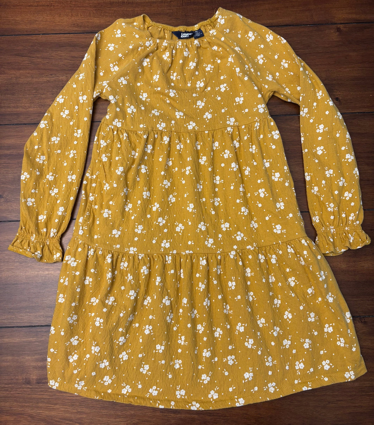 #197 Land's End Girls Size 8 (M) Gold with Cream Flowers Long Sleeve Dress