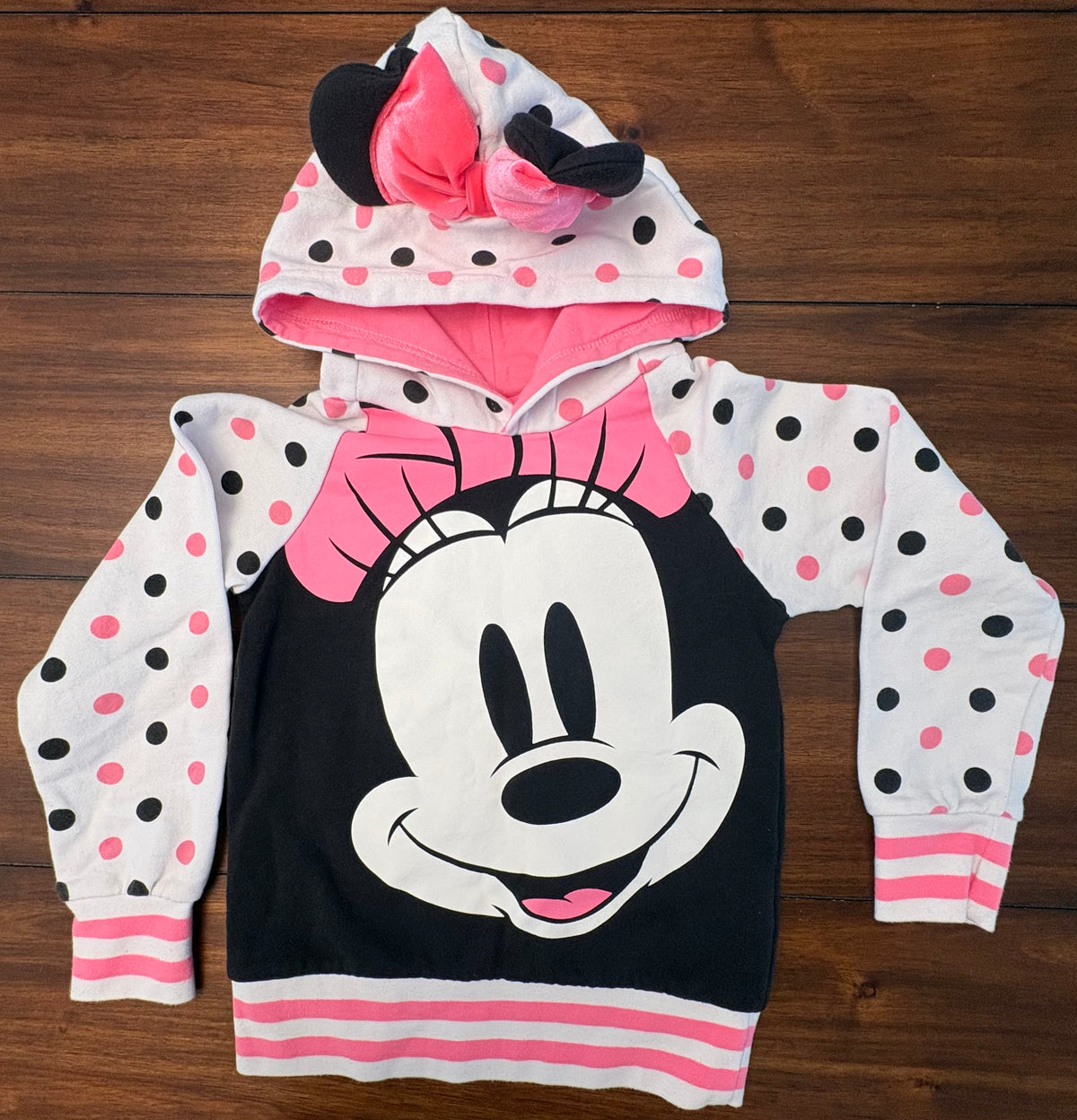 #197 Disney Girls Size 5/6 Pink Black & White Minnie Mouse Hooded Sweatshirt