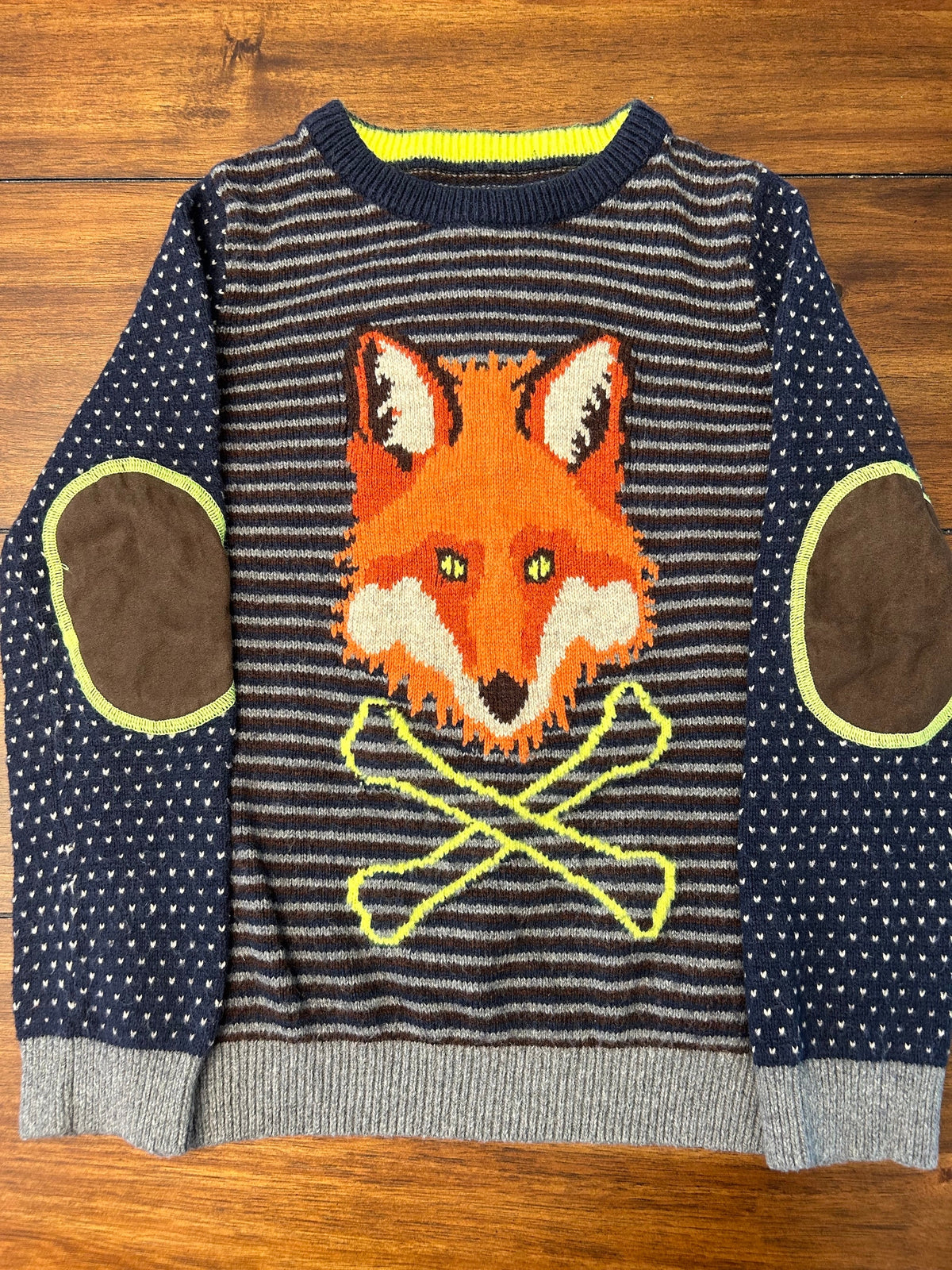 #197 Mini Boden Boys Size 6-7 Navy Striped Fox Sweater