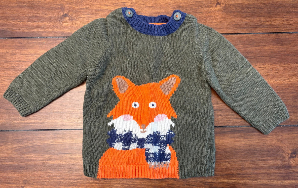 #197 Mini Boden Boys Size 6-12M Forest Green Orange Fox Sweater