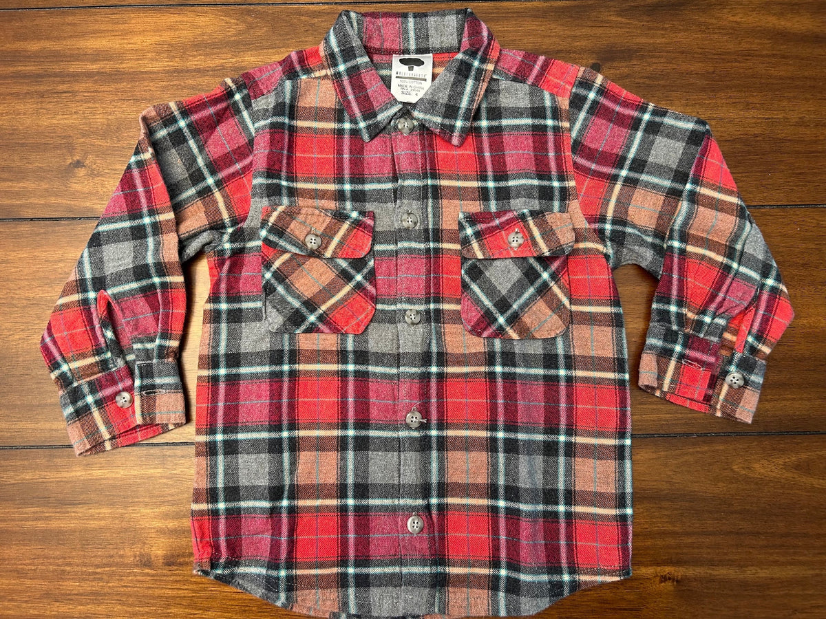 #197 Mullberribush Boys Size 4 Red & Gray Plaid Button Down Flannel