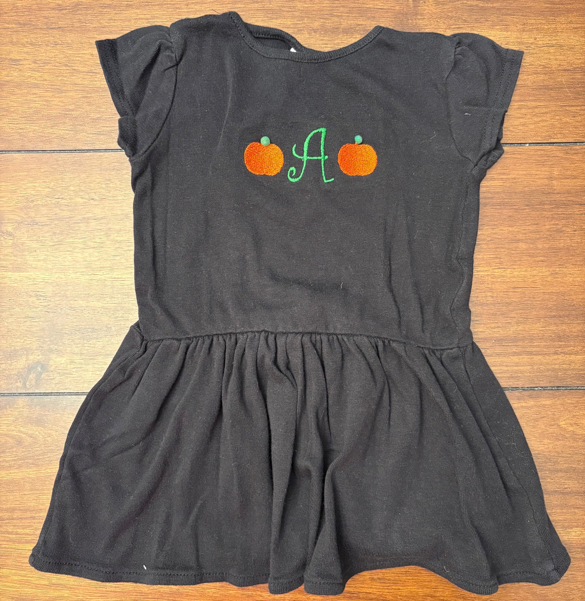 #197 Rabbit Skins Girls Size 2 Black Embroidered Pumpkin & "A" Initial Short Sleeve Dress