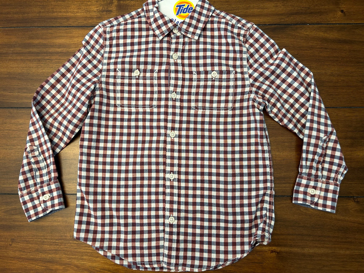 #197 Tucker & Tate Boys Size 6 Maroon Denim Blue & Cream Checked Long Sleeve Button Down Dress Shirt