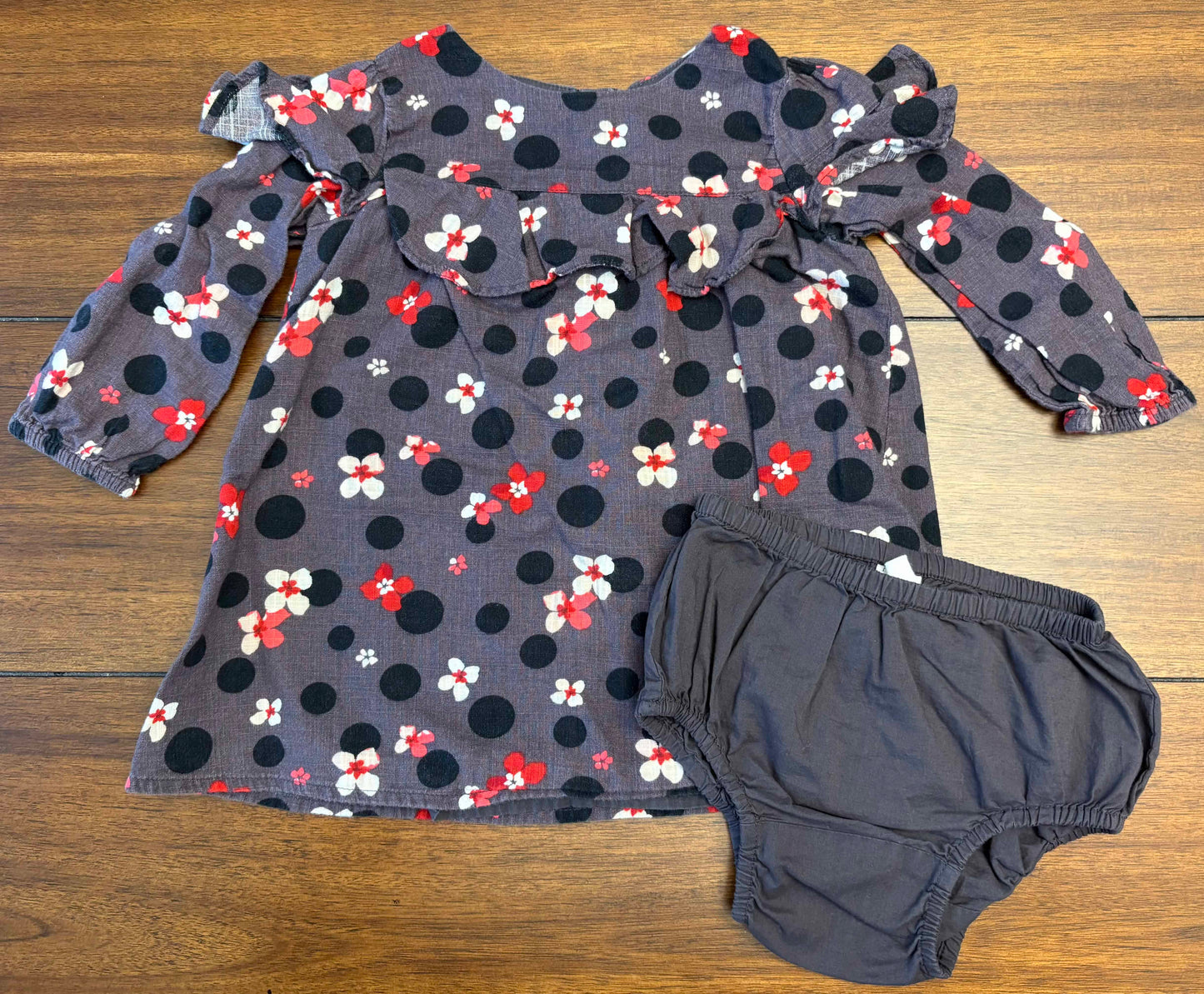 Seller #210 Baby Gap Girls Size 12-18M Black with Red Pink & White Flowered Printed Dress with Diaper Cover