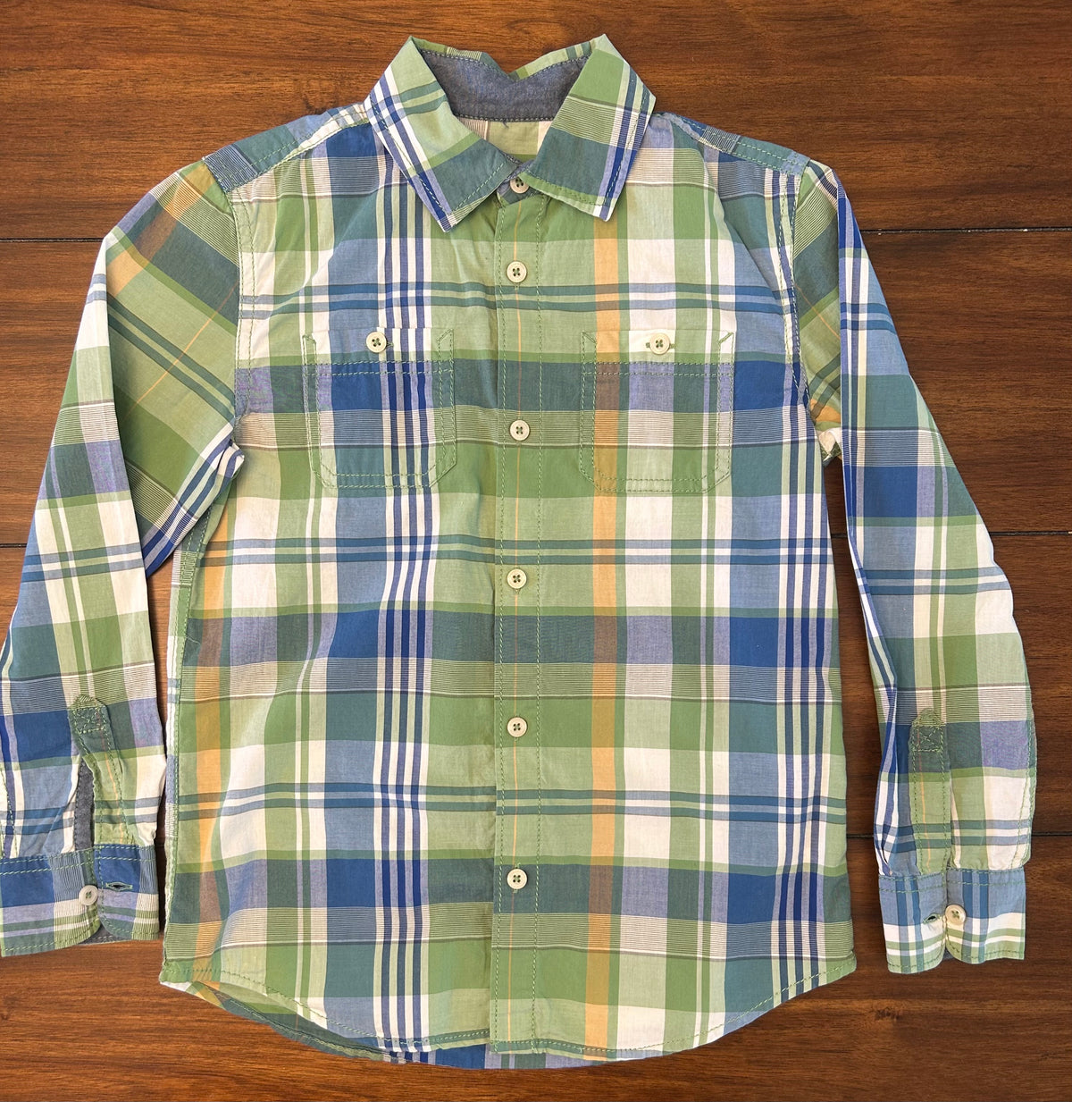 #197 Tucker & Tate Boys Size 7 Blue White & Green Plaid Long Sleeve Button Down Dress Shirt