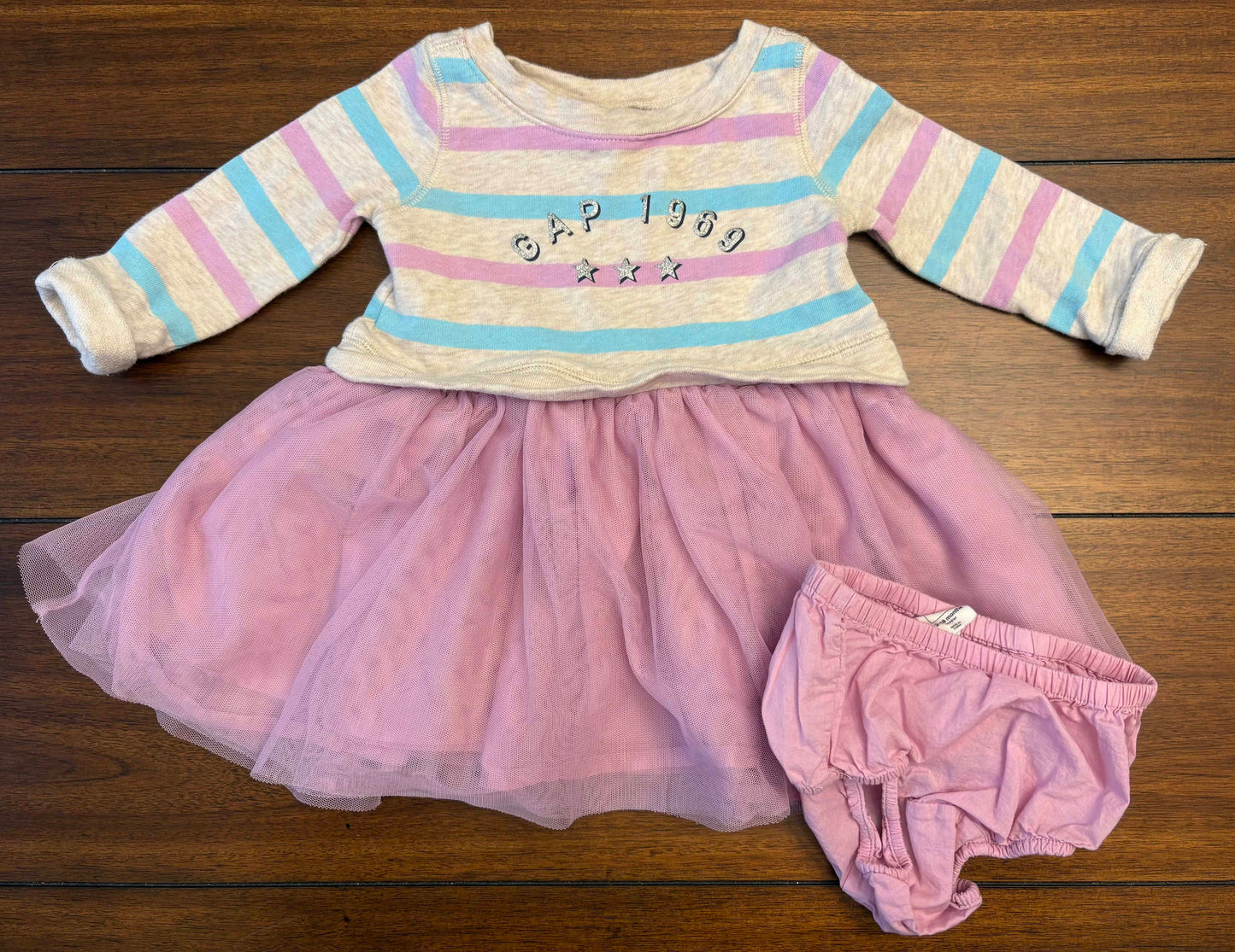 Seller #210 Baby Gap Girls Size 12-18M Gray Purple & Blue Striped Sweatshirt Dress with Tulle Skirt and Diaper Cover