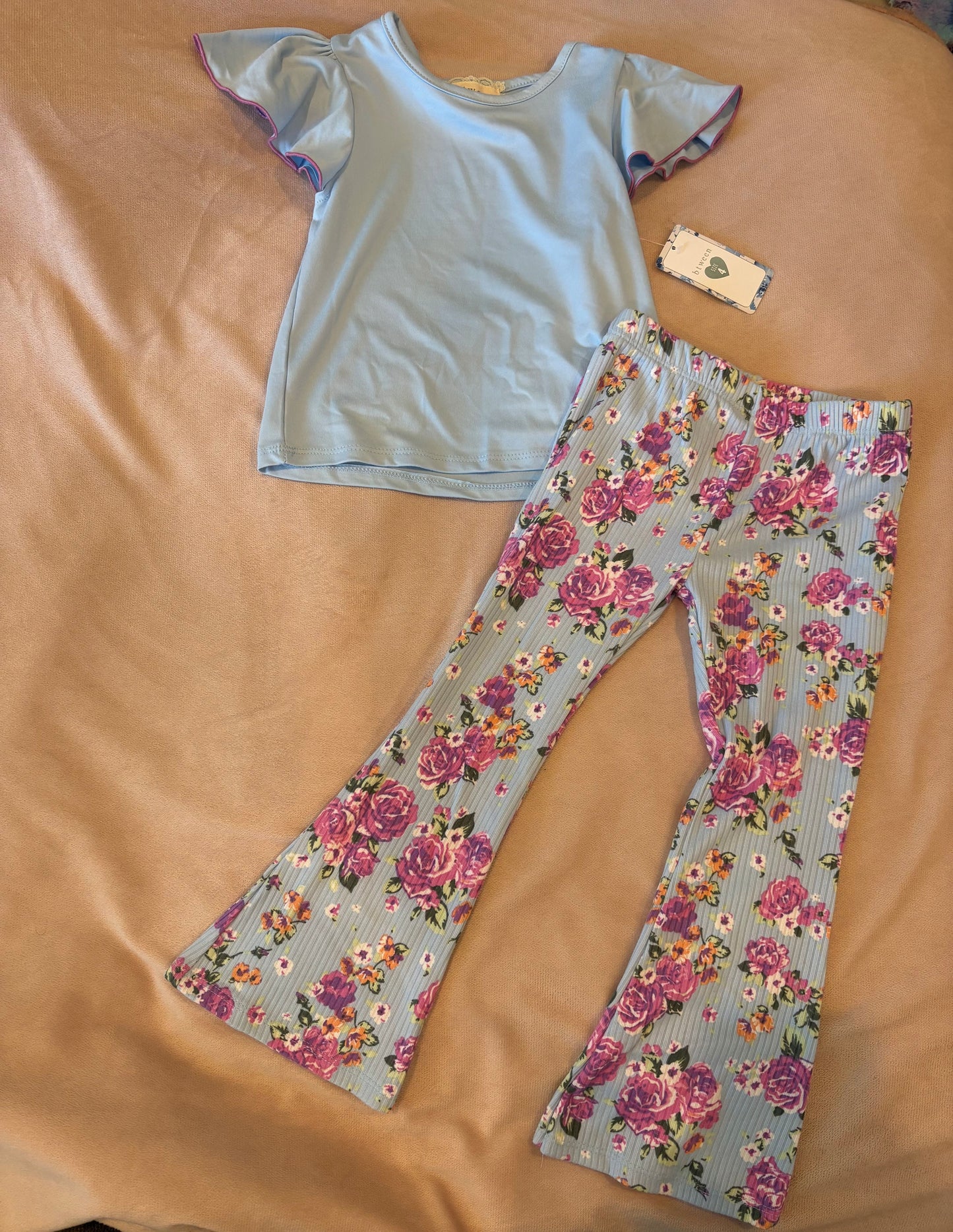 REDUCED #145 Girls 4t Btween Blue Floral Short Sleeve Bell Bottoms Outfit