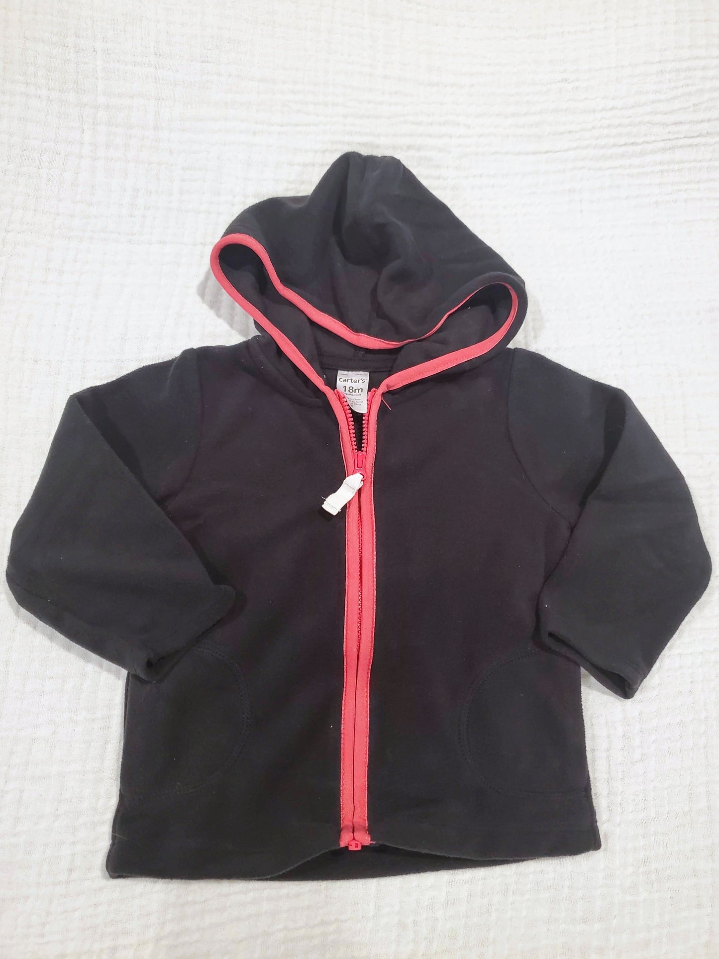 #131 Carters black hooded fleece zip up jacket with pink trim girls 18M