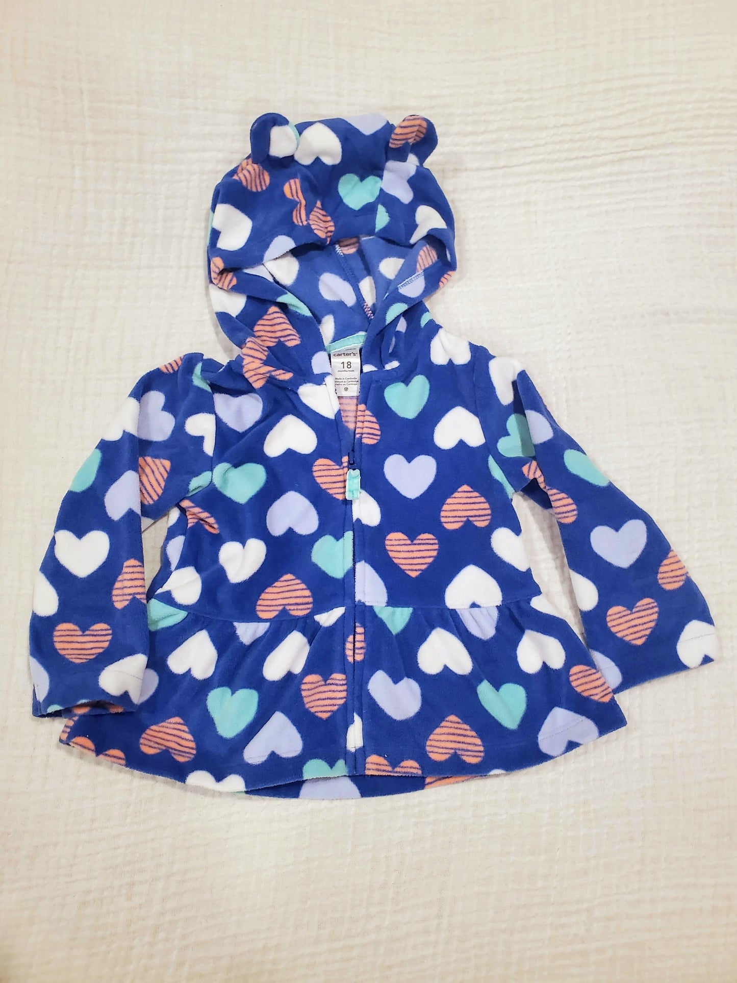#131 REDUCED Carters heart fleece zip up jacket peplum with hooded bear ears girls size 18M