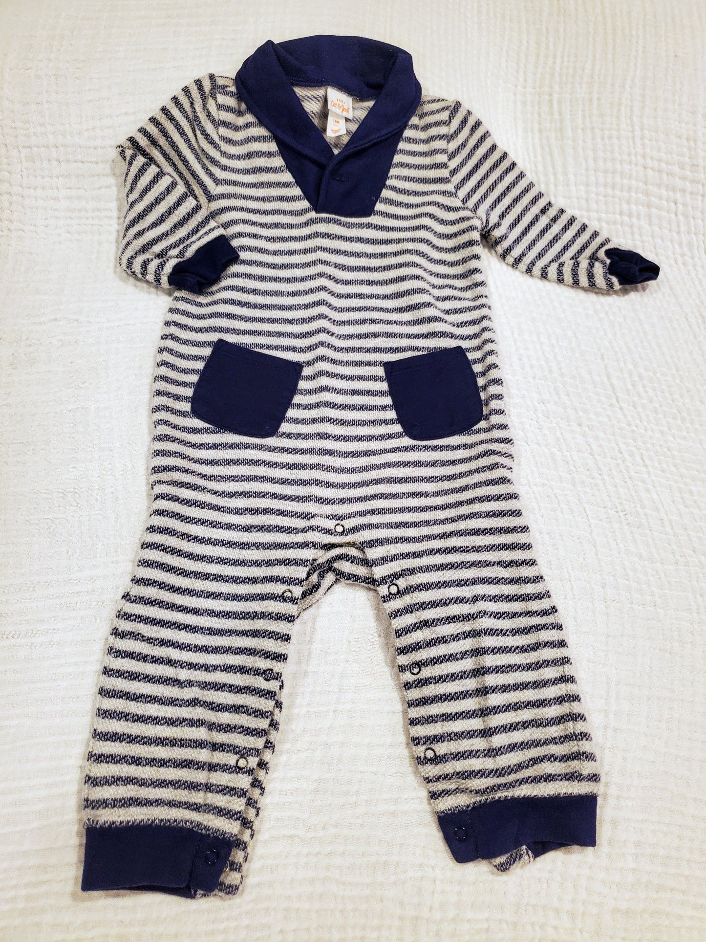 #131 Cat and Jack collared and striped onesie boys size 12M
