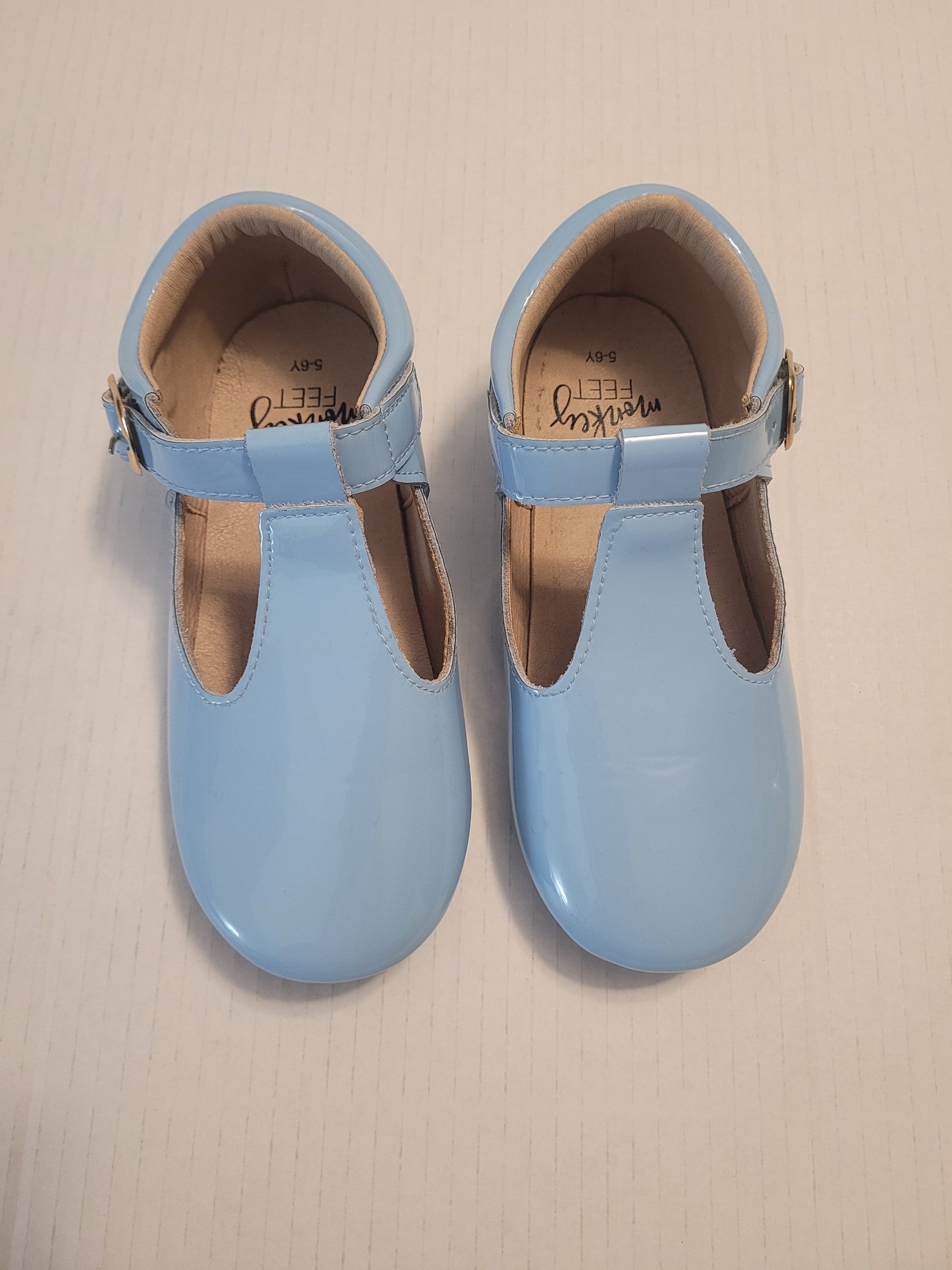 #109 Girls Monkey Feet Blue Patent T-Strap Shoes Size 5-6 Years