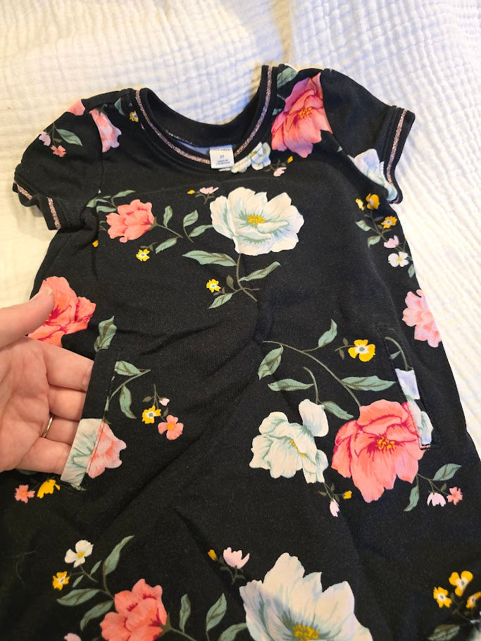 #131 Old Navy black shift dress with flowers girls size 2T