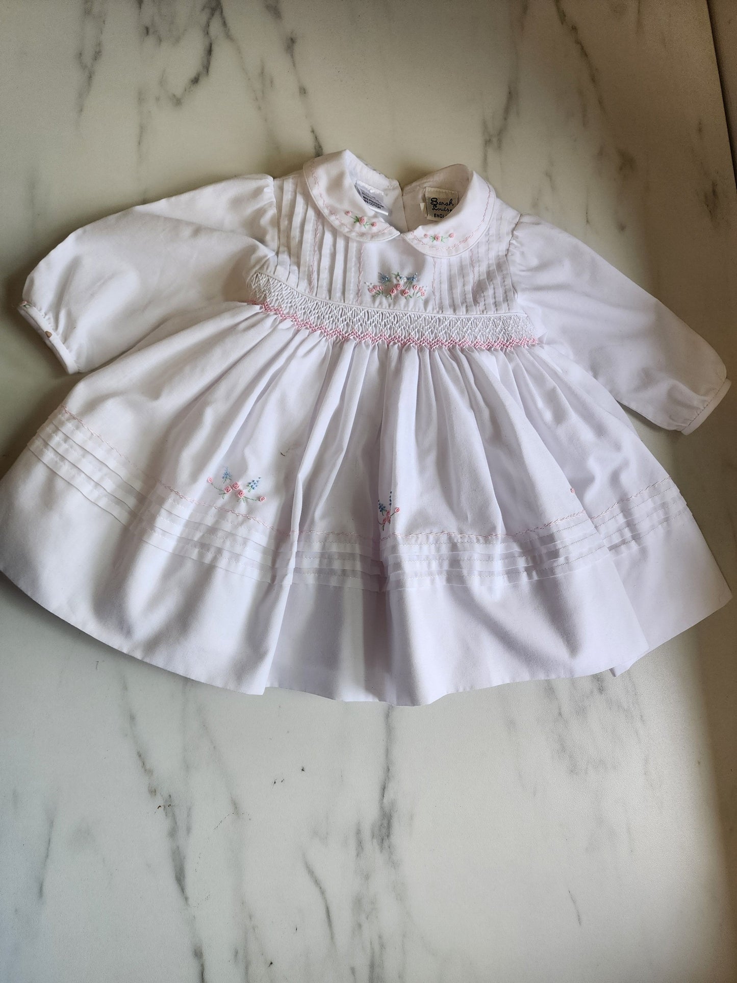 #178 Sarah Louise white smocked dress baby girl size 3-6 months