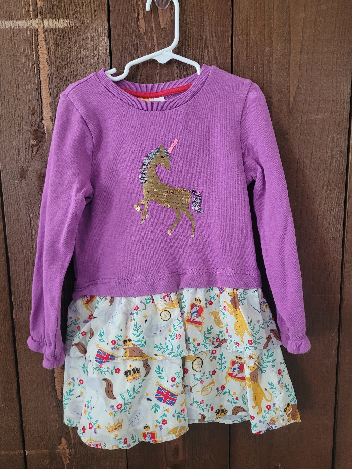 #109 Mini Boden Reversible Sequin Unicorn Dress Girls Size 5-6Y