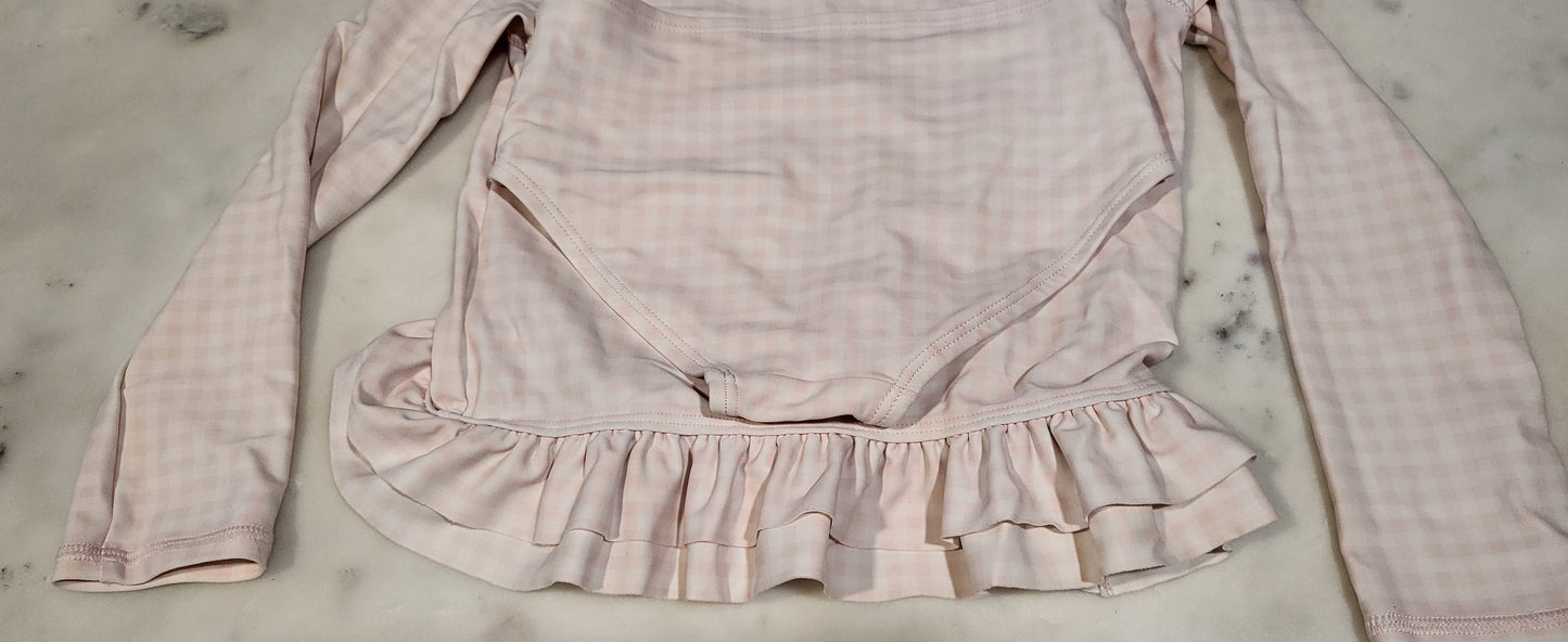 REDUCED: #9--- Girls size 5. Ruffle Butts Pink checked two-piece rash guard.