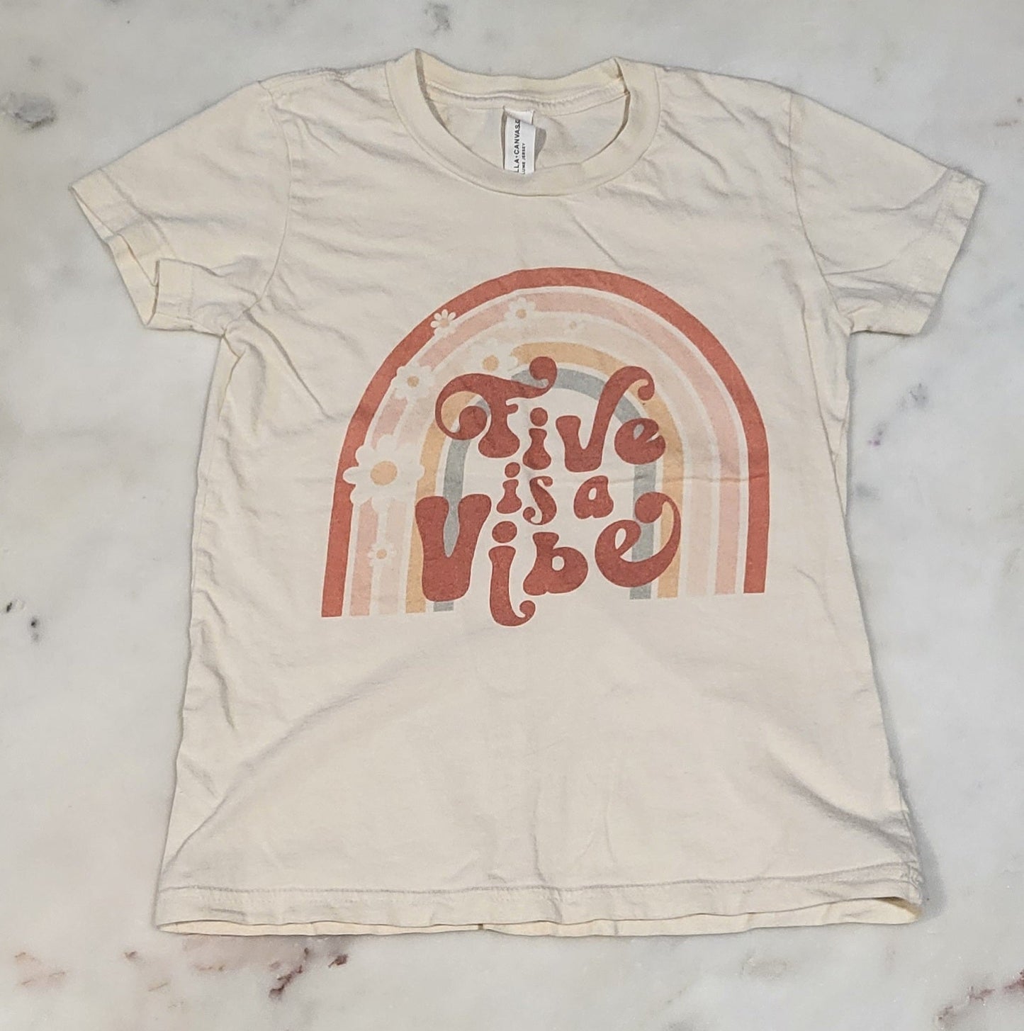 REDUCED: #9--- Girls 6-8 per tag. (Listed as Girls 5) Five is a Vibe birthday t-shirt.