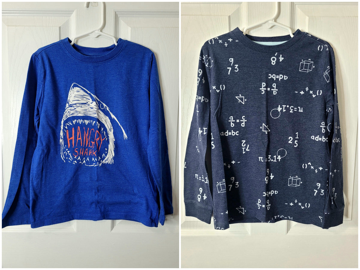 #164 Cat & Jack Shark and Math Formulas Graphic Long-Sleeve Tops (2) Boys S (6/7)