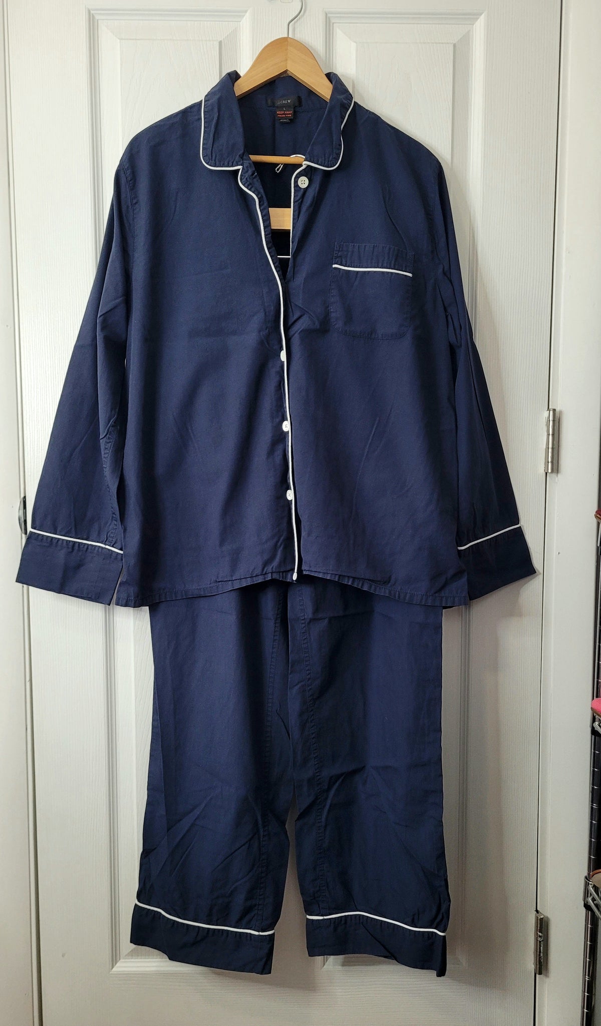 #164 J. Crew Navy Blue Cotton Piped Pajamas Women L