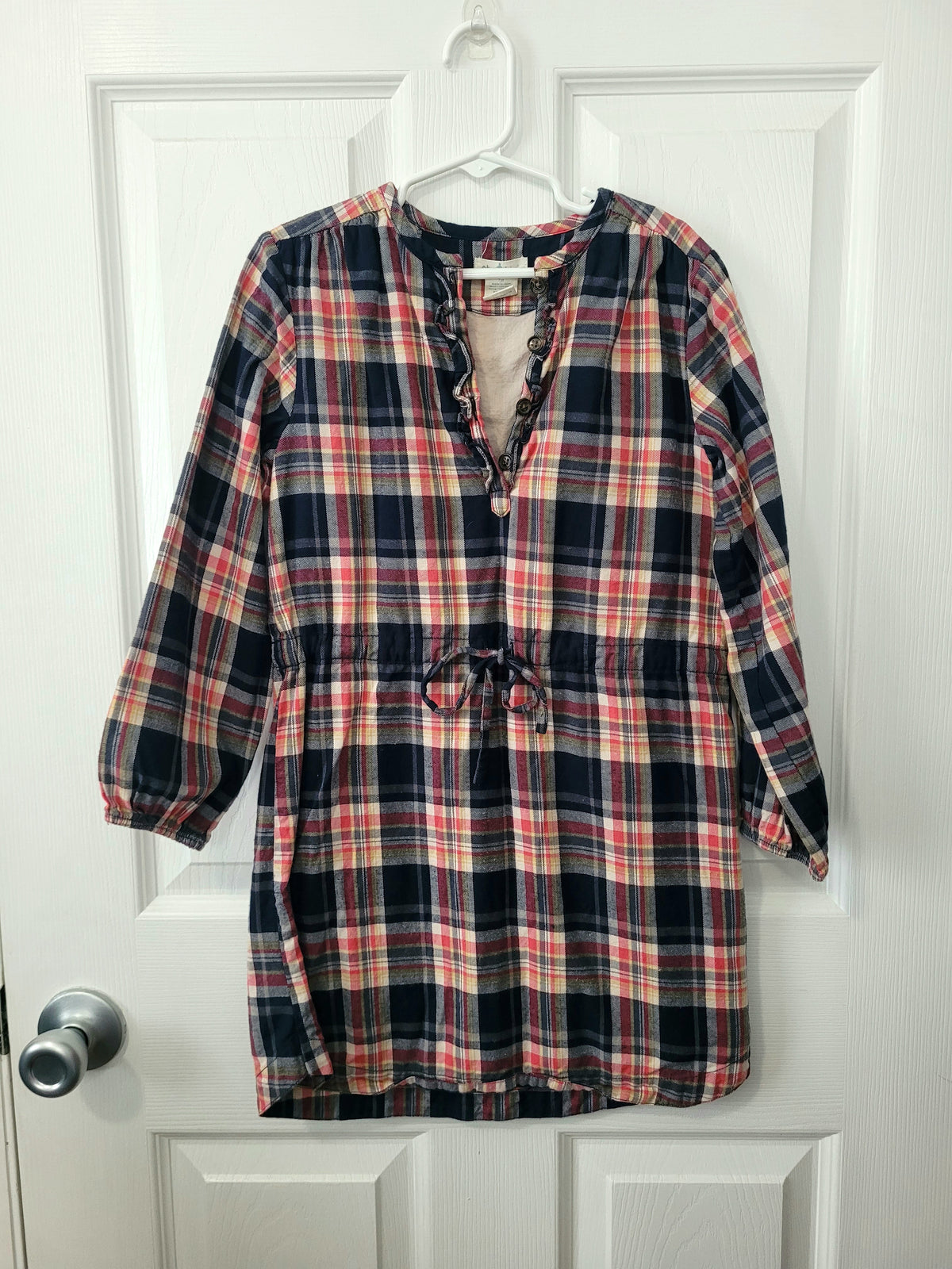 #164 Olive Juice Plaid Drawstring Dress Girls 7