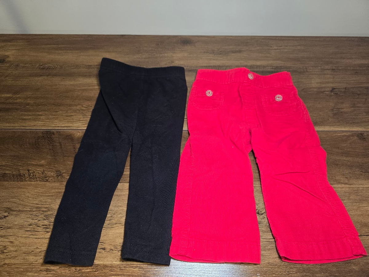 #131 Two pairs of pants 1 black legging and 1 red corduroy with sparkle buttons sz 12M