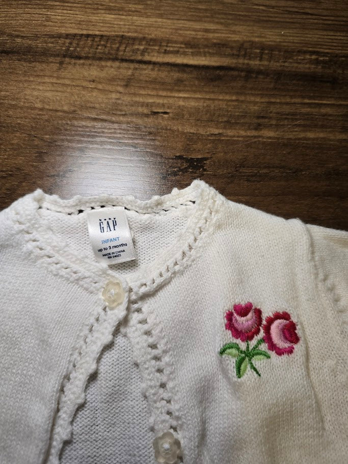 #131 Baby Gap white cardigan with stitched flower sz 3M
