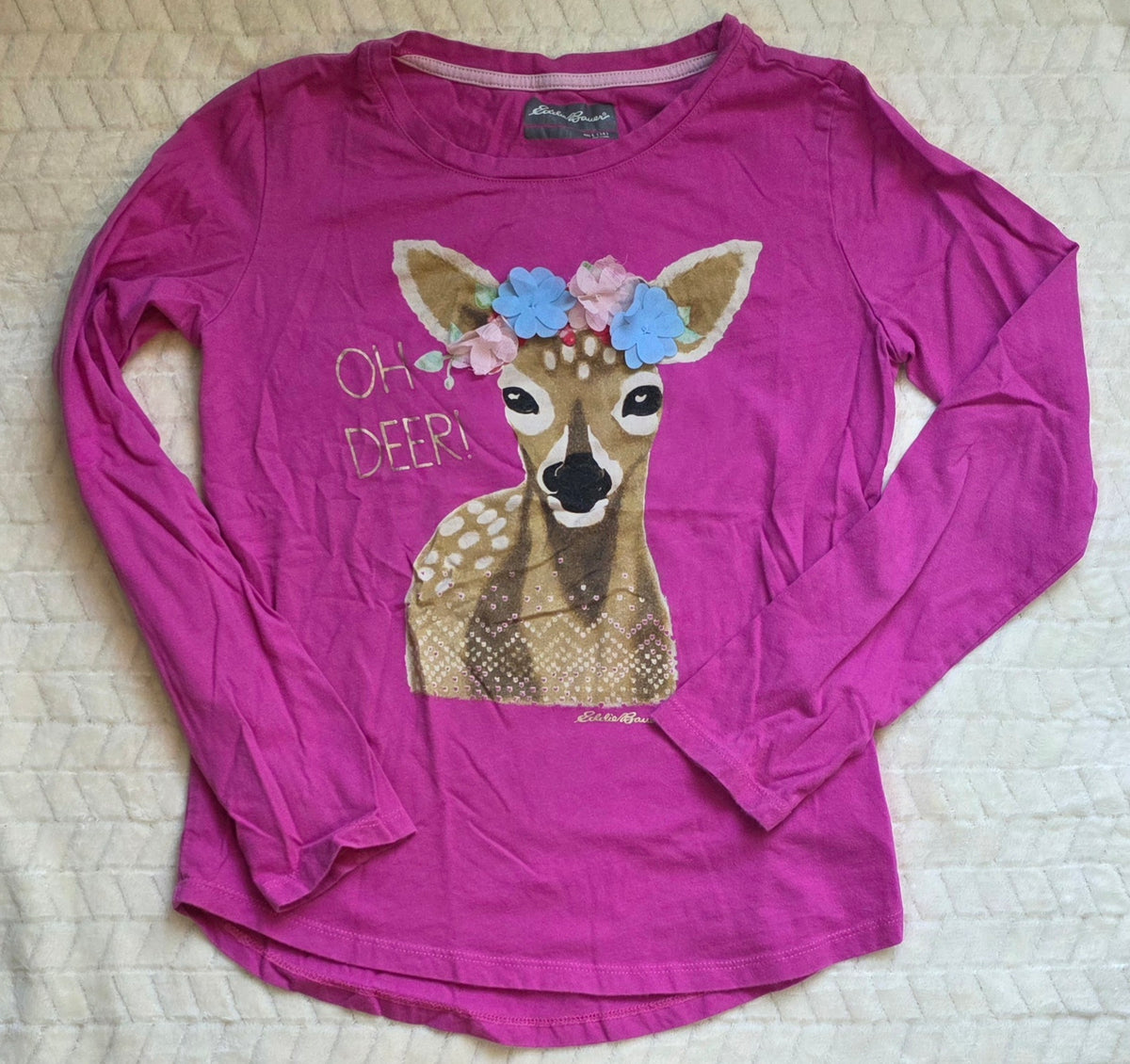 #190 Girls L (14) Eddie Bauer Long Sleeve Tee Magenta “Oh Deer!”